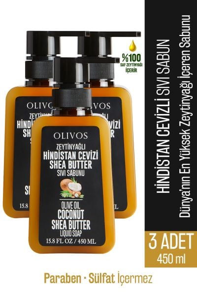 Doğal Zeytinyağlı Hindistan Cevizi Shea Butter Sıvı Sabun Zeytinyağı El Sabunu 3 ADET 450 Ml