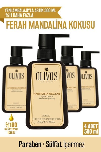 %100 Doğal Zeytinyağlı Mandalina Kokulu Sıvı El Sabun Yoğun Nemlendirici Arındırıcı Bitkisel 4 ADET 500 ML