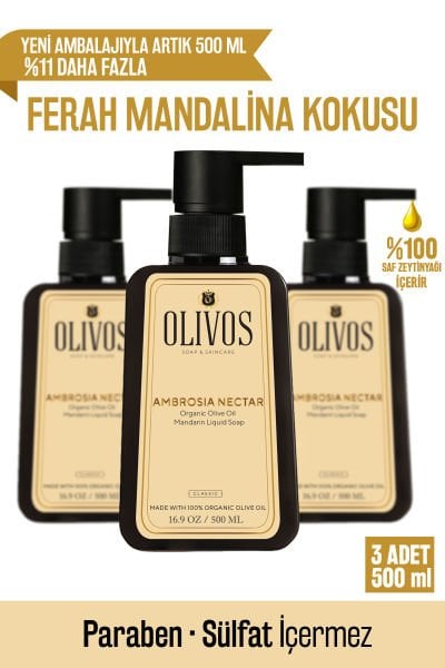 %100 Doğal Zeytinyağlı Mandalina Kokulu Sıvı El Sabun Yoğun Nemlendirici Arındırıcı Bitkisel 3 ADET 500 ML