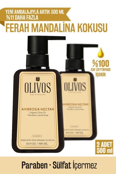 %100 Doğal Zeytinyağlı Mandalina Kokulu Sıvı El Sabun Yoğun Nemlendirici Arındırıcı Bitkisel 2 ADET 500 ML