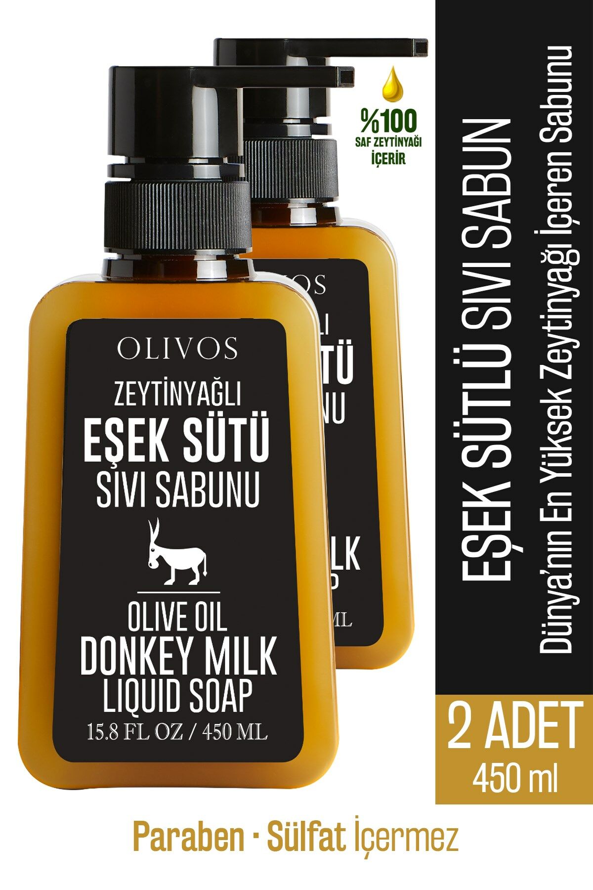 Doğal Zeytinyağlı Eşek Sütlü Sıvı Sabun Zeytinyağı El Sabunu Yoğun Nemlendirici 2 ADET 450 Ml