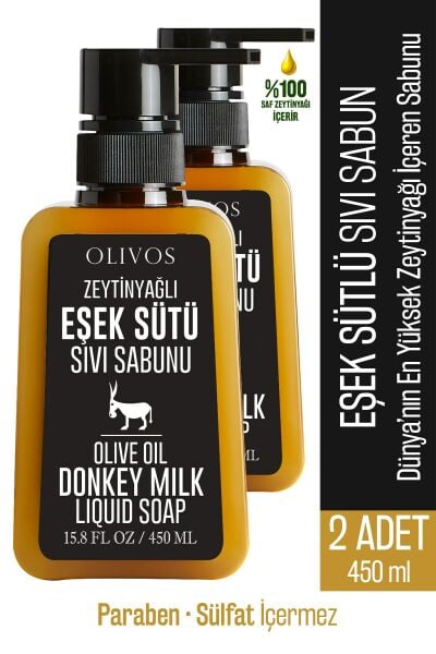 Doğal Zeytinyağlı Eşek Sütlü Sıvı Sabun Zeytinyağı El Sabunu Yoğun Nemlendirici 2 ADET 450 Ml