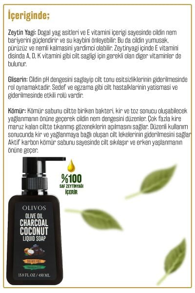 Zeytinyağlı Aktif Karbon Kömürlü Sıvı Sabun Zeytinyağı El Sabunu Yoğun Nemlendirici 3 ADET 450 Ml