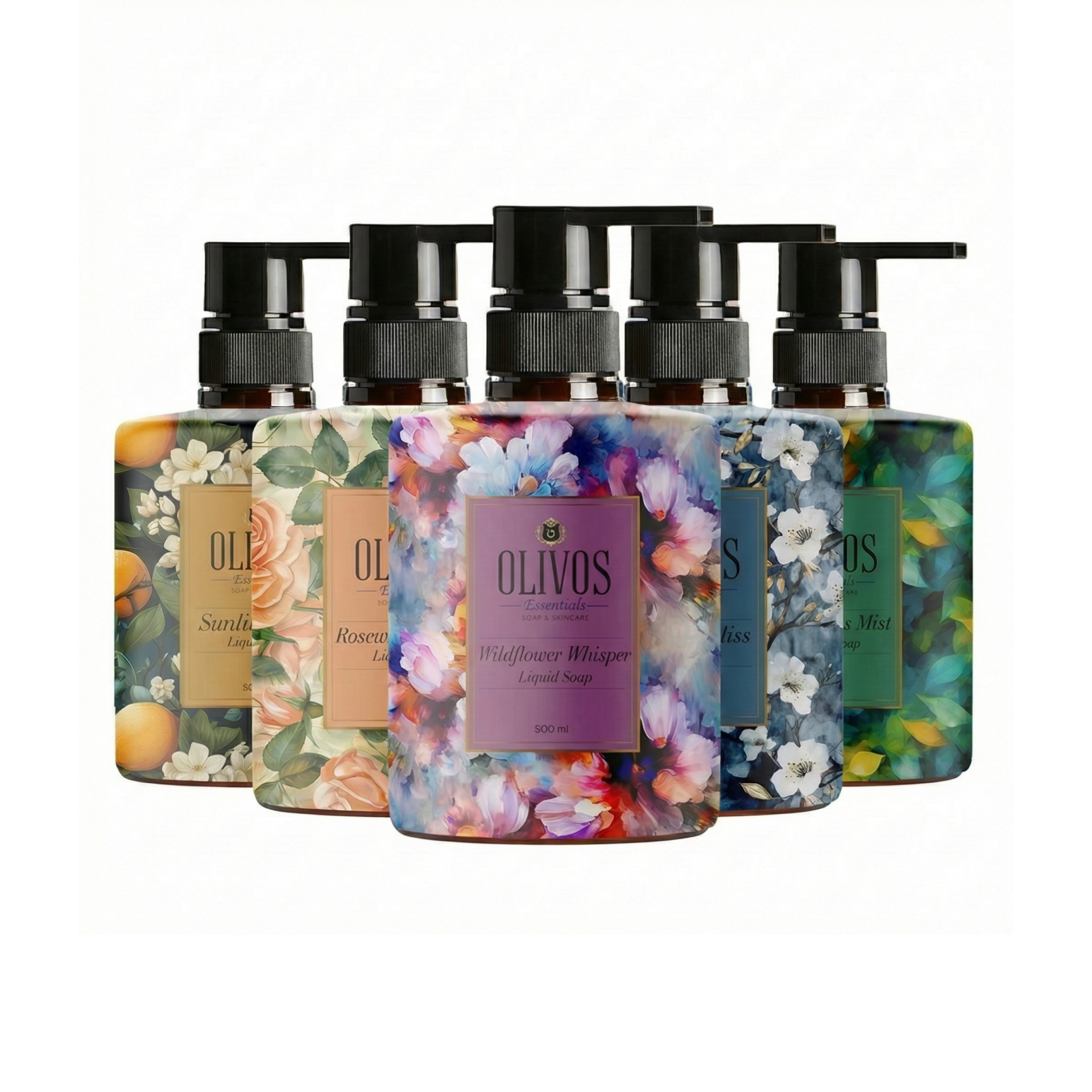 Olivos Sıvı Sabun Sanat Koleksiyonu Deneme Seti: Tablo Gibi Şişe Muhteşem Koku Yoğun Nemlendirici 5 Adet 500 ML