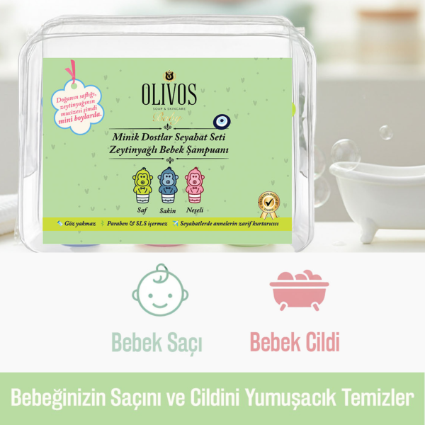 Minik Dostlar Seyahat Seti | Zeytinyağlı Göz Yakmayan Bebek Saç & Vücut Şampuanı (3×89 ml)