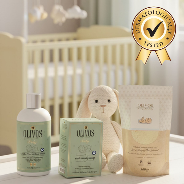 Olivos Baby 3’lü Doğal Zeytinyağlı Bebek Bakım Seti | Göz Yakmayan Şampuan + Bebek Sabunu + Toz Sabun