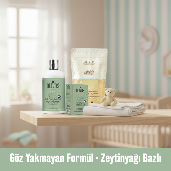 Olivos Baby 3’lü Doğal Zeytinyağlı Bebek Bakım Seti | Göz Yakmayan Şampuan + Bebek Sabunu + Toz Sabun