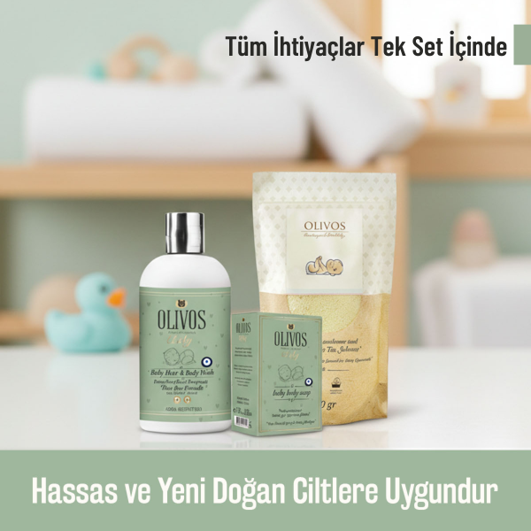 Olivos Baby 3’lü Doğal Zeytinyağlı Bebek Bakım Seti | Göz Yakmayan Şampuan + Bebek Sabunu + Toz Sabun
