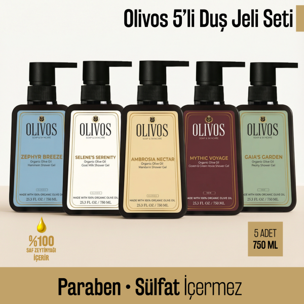 Olivos 5’li Duş Jeli Seti, %100 Zeytinyağı Bazlı, Paraben & Sülfat İçermez, 5 Adet × 750 ml