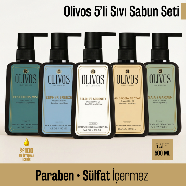 Olivos Zeytinyağı Bazlı 5’li Sıvı Sabun Seti, Paraben, SLS & SLES İçermeyen Nazik Temizlik, 5 Adet × 500 ml