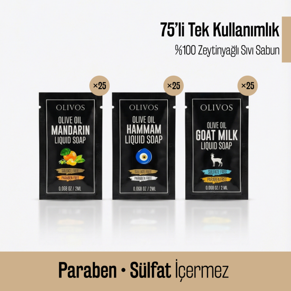 Olivos Tek Kullanımlık Zeytinyağlı Sıvı Sabun Seti 2 ml x 75 Adet, Paraben & Sülfat İçermez
