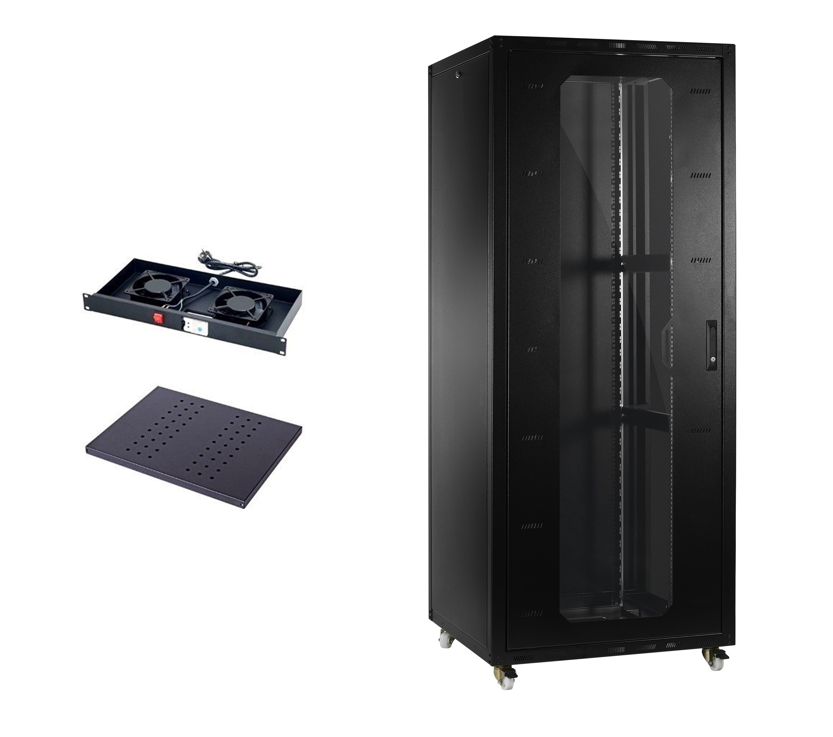 Provoice 19'' 47U Tekerlekli Camlı 800x800 Rack Kabinet+ Fan+ Sabit Raf