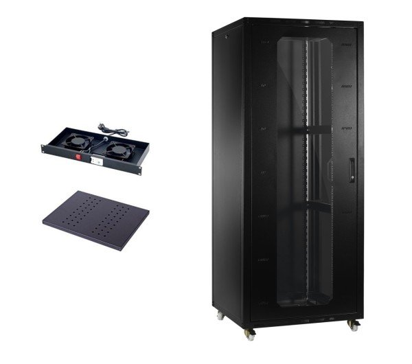 Provoice 19'' 32U Camlı Tekerlekli Rack Kabinet+ Fan+ Sabit Raf 800x1000