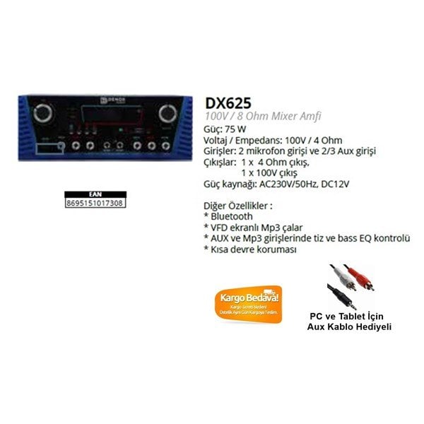 Denox DX625 75W 100V/4ohm Amfi Mikser