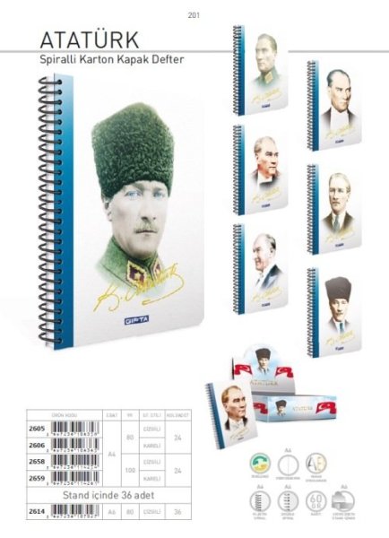 Atatürk A4 100 Yaprak Kareli Karton Kapak Spiralli Defter 2659