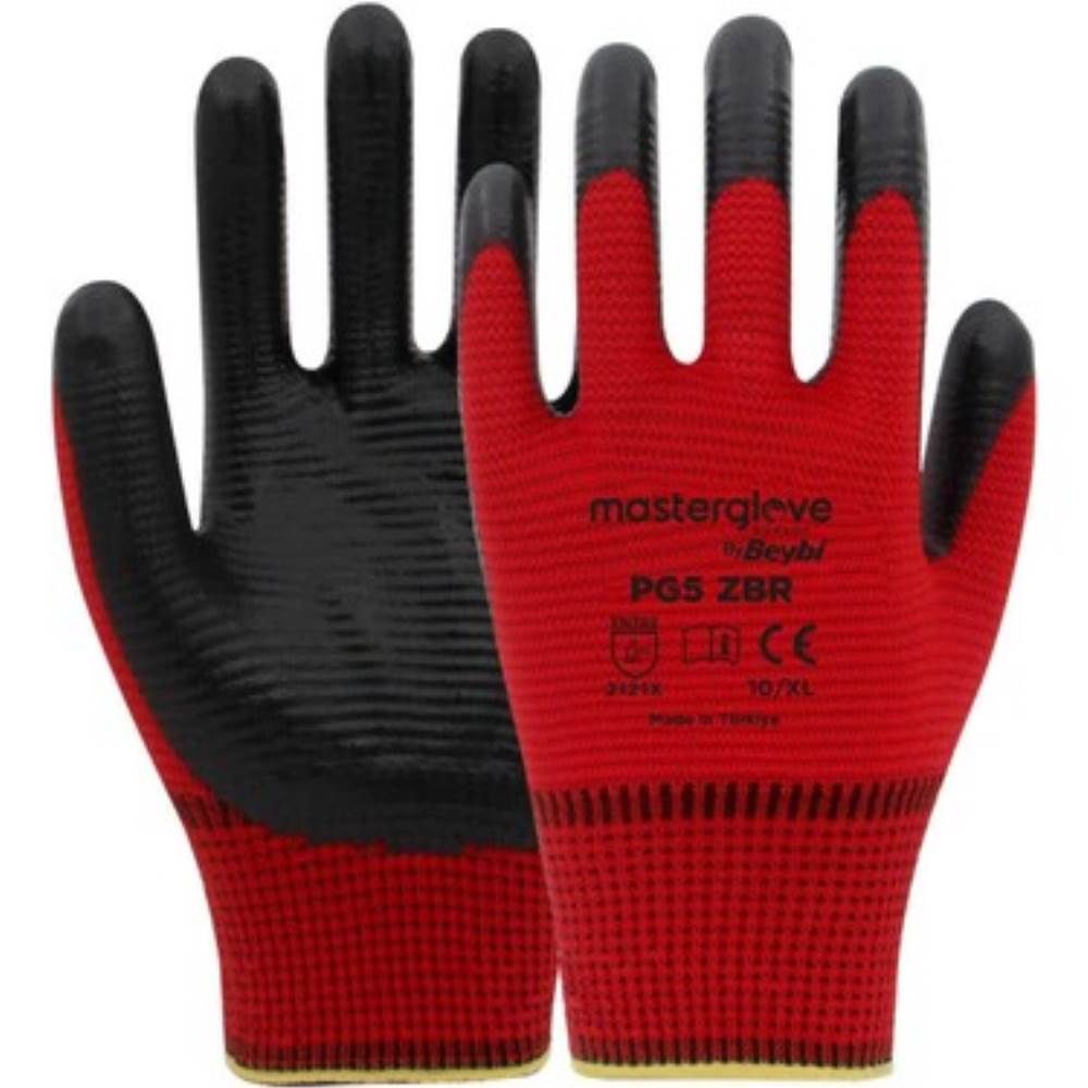 Master Glove PG5 Zebra Kırmızı Polyester Örme Nitril İş Eldiveni 10 XL Beden