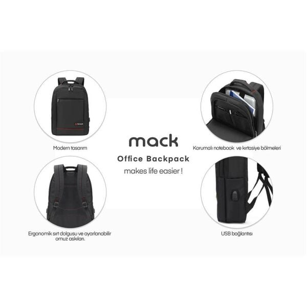 Mack MCC-006 15.6'' Office USB Girişli Notebook Sırt Çantası