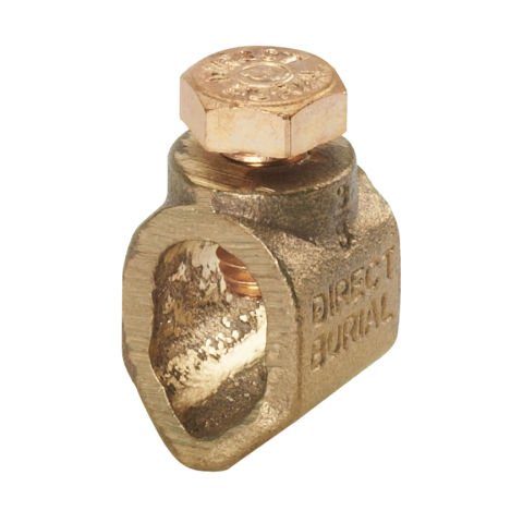 Bronz zemin çubuk kelepçesi, ağır, direkt gömü, 3/4'' (19.1mm) zemin çubuk boyutu, 8. SOL - 1/0 STR AWG iletken boyutu aralığı, 1/2'' (12.7mm) altıgen kafa boyutu, 1.60'' (40.6mm) döküm yüksekliği, 0.97'' (24.6mm) genişliği döküm.