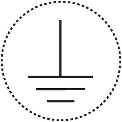 İletken kimlik etiketi, 0.49'' (12.50mm) işaretleyici çapı Toprak (toprak) sembolü, polyester yapıştırıcı, siyah / beyaz 20 etiket / kart, 10 kart / paket. Noktalı çizgi kesik çizgi temsil eder ve etikette gösterilmez.