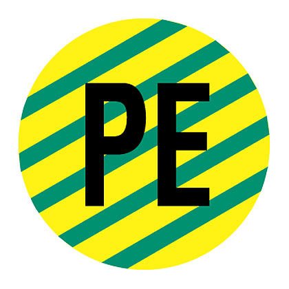 İletken tanımlama etiketi, 0.49'' (12.50mm) işaretleyici çapı, koruyucu iletken - 'PE' (gösterge), polyester yapışkan siyah / yeşil / sarı 20 etiket / kart 10 kağıt / paketi.