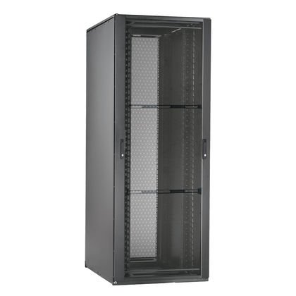Üst panelde Net-Erişim ™ N-Type Kabine çerçevesi. Çift menteşe ön kapı sola veya sağa doğru açılır delikli. Bölünmüş arka kapılar kapı salıncak ayak izi en aza indirmek için ortada açmak delikli. # 12-24 İki set ekipman montaj rayları dişli. 45 RU kabin