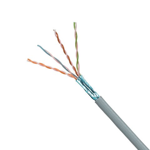 Korumalı bakır kablo, kategori 5e F / UTP, PVC, 4-çift iletkenler çiftler halinde bükülmüş polietilen (PE), izolasyonlu 24 AWG yapı, bir PVC kılıflı, uluslararası gri, genel bir metalik folyo ile çevrelenmiş ve korumalıdır.