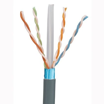 Korumalı bakır kablo, kategori 6-F / UTP, PVC, 4-çift iletkenler çiftler halinde bükülmüş PE yalıtım, 23 AWG inşaatı, entegre bir çift ayırıcı ile ayrılmış. Tüm dört çift, bir P ile kalkan folyo genel bir metalik ile çevrilidir ve korunur