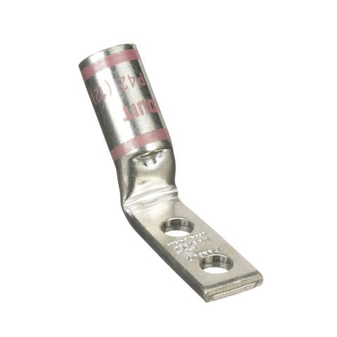 Bakır Sıkıştırma Lug, 2 Delik, # 1/0 AWG, Dar Dil, 1/4'' Stud, 0.625'' Delik Aralığı, 45 ° açı Dil