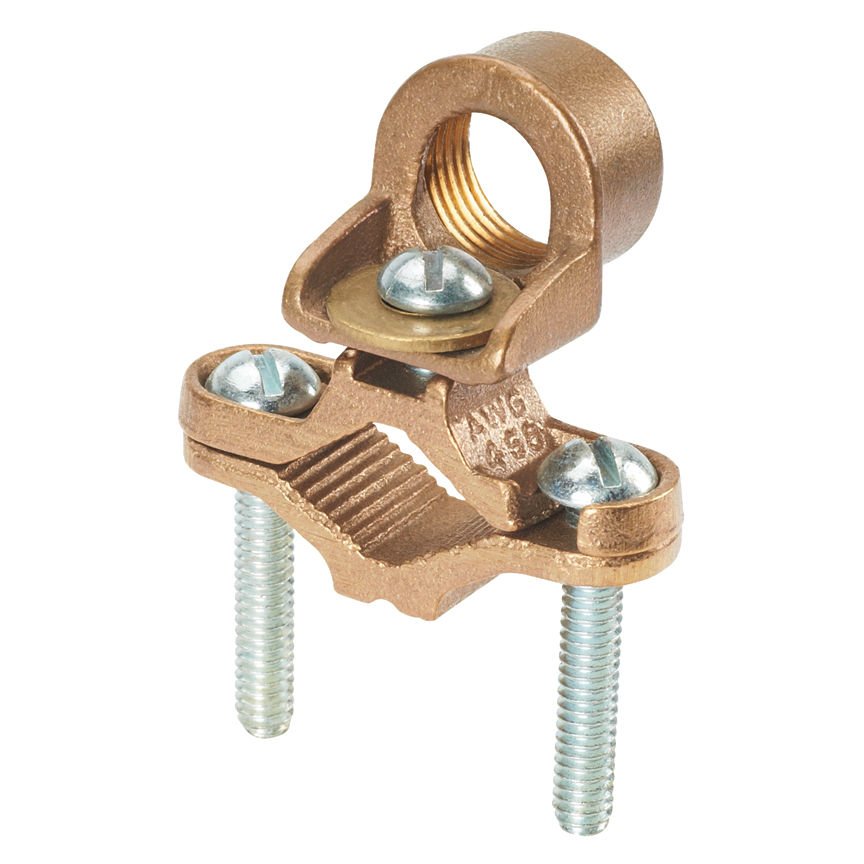 boru Bronz topraklama kelepçesi, 8. SOL - 4. STR AWG iletken boyutu aralığı, 1/2'' -1'' (12.7 mm - 25,4 mm), demir boru boyutu, 1'' (25,4 mm), boru göbek boyutunun, 1.65'' (41.9 aa) boru kelepçesi vida uzunluğu.