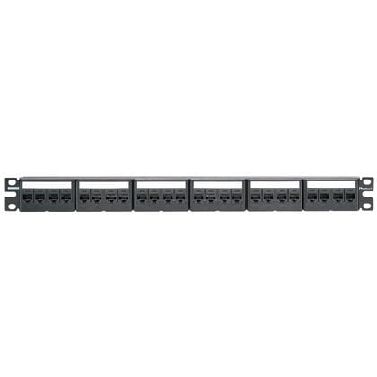 Kısa Com siyah kapaklarla 24 bağlantı modüler açılı patch panel kiti; yirmidört Mini Com Kategori 6 jack modülleri, (1 RU) içerir.