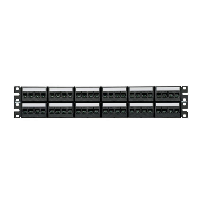 Kısa Com siyah kapaklarla 48 bağlantı modüler patch panel takımı; kırk sekiz Mini Com Kategori 5E jak modülleri, etiketler ve etiket kapakları, (2 RU) içerir.