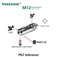 M12P-M04T - M12 4 Pin Erkek Düz Metal Konnektör - Velledq