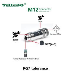 M12P-F05T - M12 5 Pin Dişi Düz Metal Konnektör - Velledq