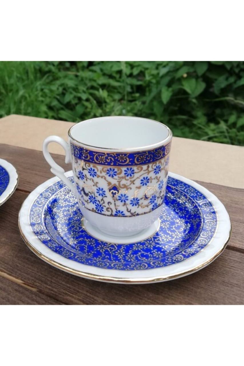 Güral Porselen 6 Kişilik Lacivert Renk Haliç Desenli Altın Yaldızlı Kahve Fincanı Takım