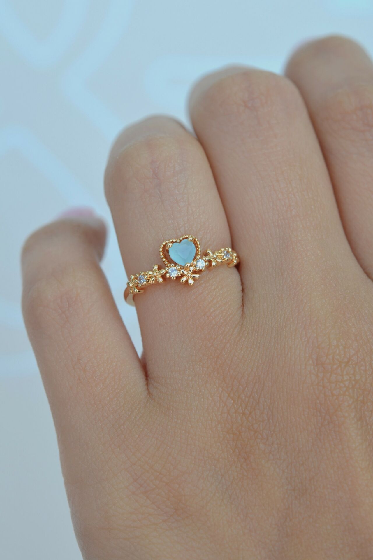 Minik Mavi Kalpli Prenses Yüzük Çiçekli Eklem Yüzüğü