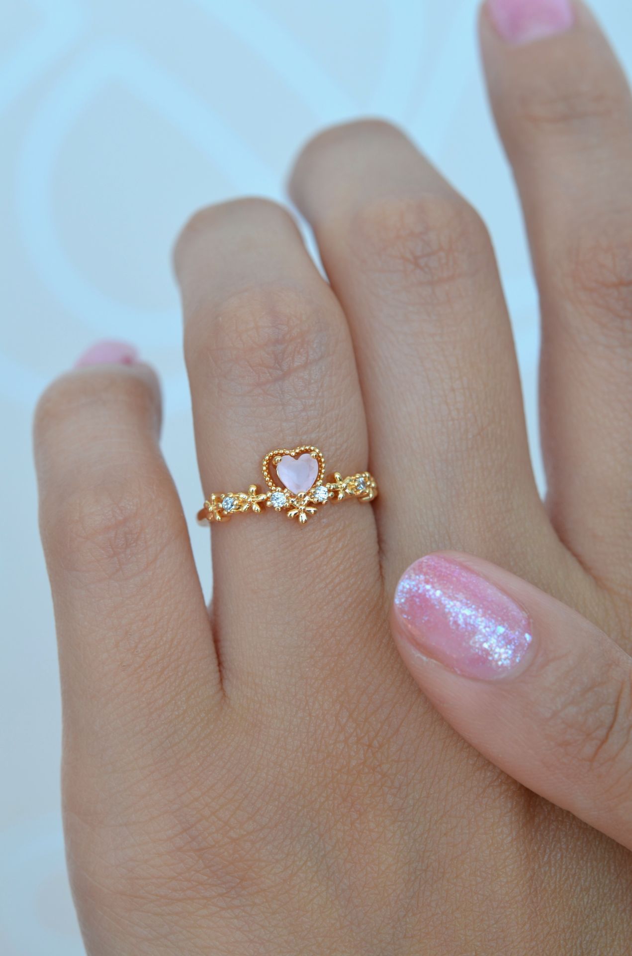 Minik Pembe Kalpli Prenses Yüzük Çiçekli Eklem Yüzüğü