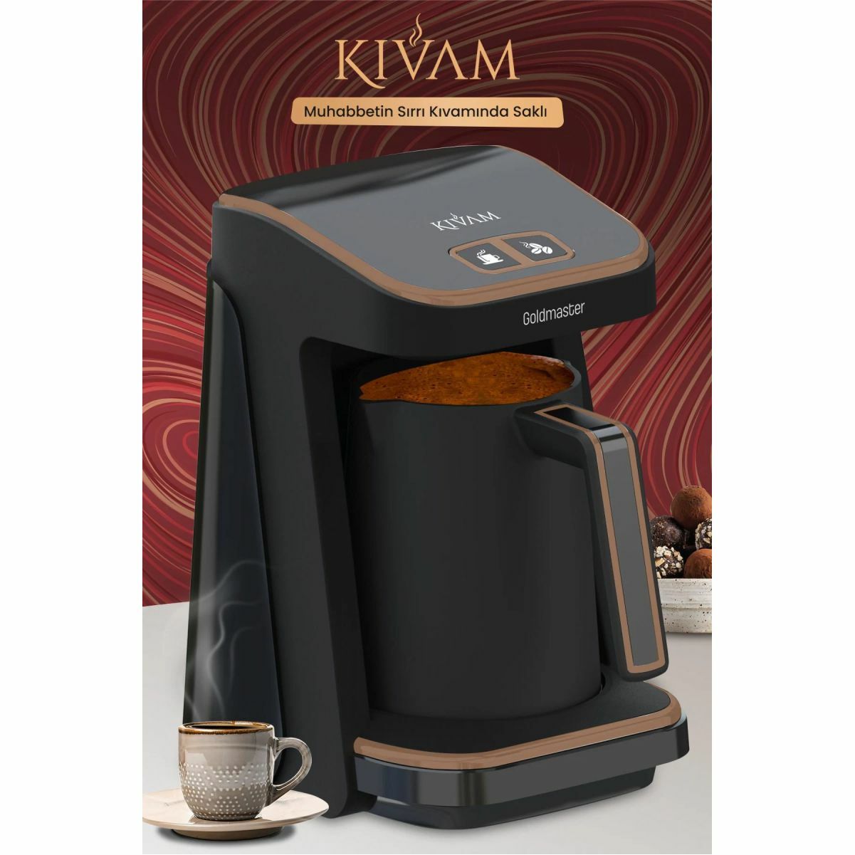 Goldmaster Kıvam Eco Siyah Geniş Hazneli Akıllı Yerleştirme Patentli Türk Kahve Makinesi