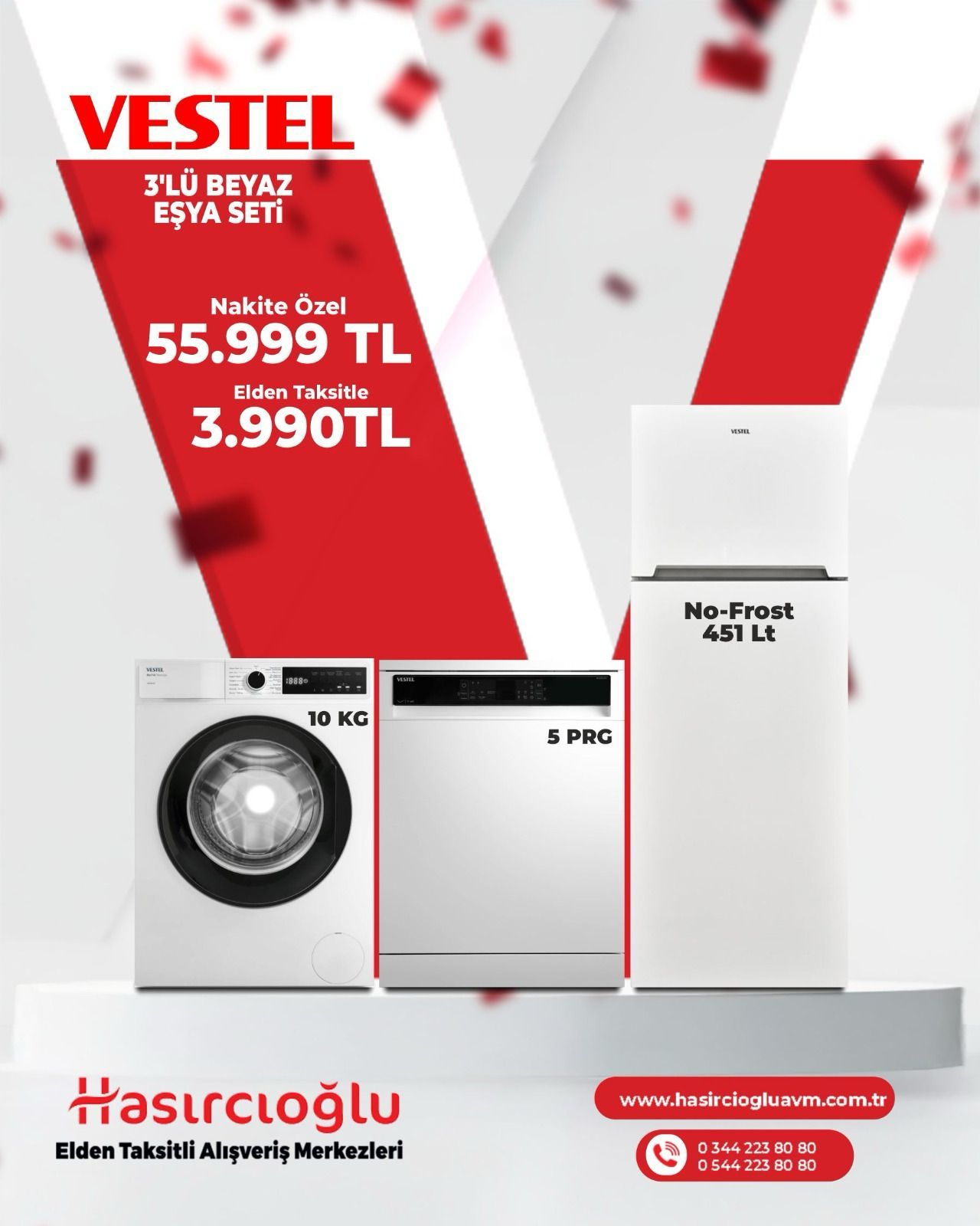 Vestel 3 lü Beyaz Eşya 10 KG Çamaşır Makinesi + No-Frost Buzdolabı 451 Litre + 5 Proğram Bulaşık Makinesi