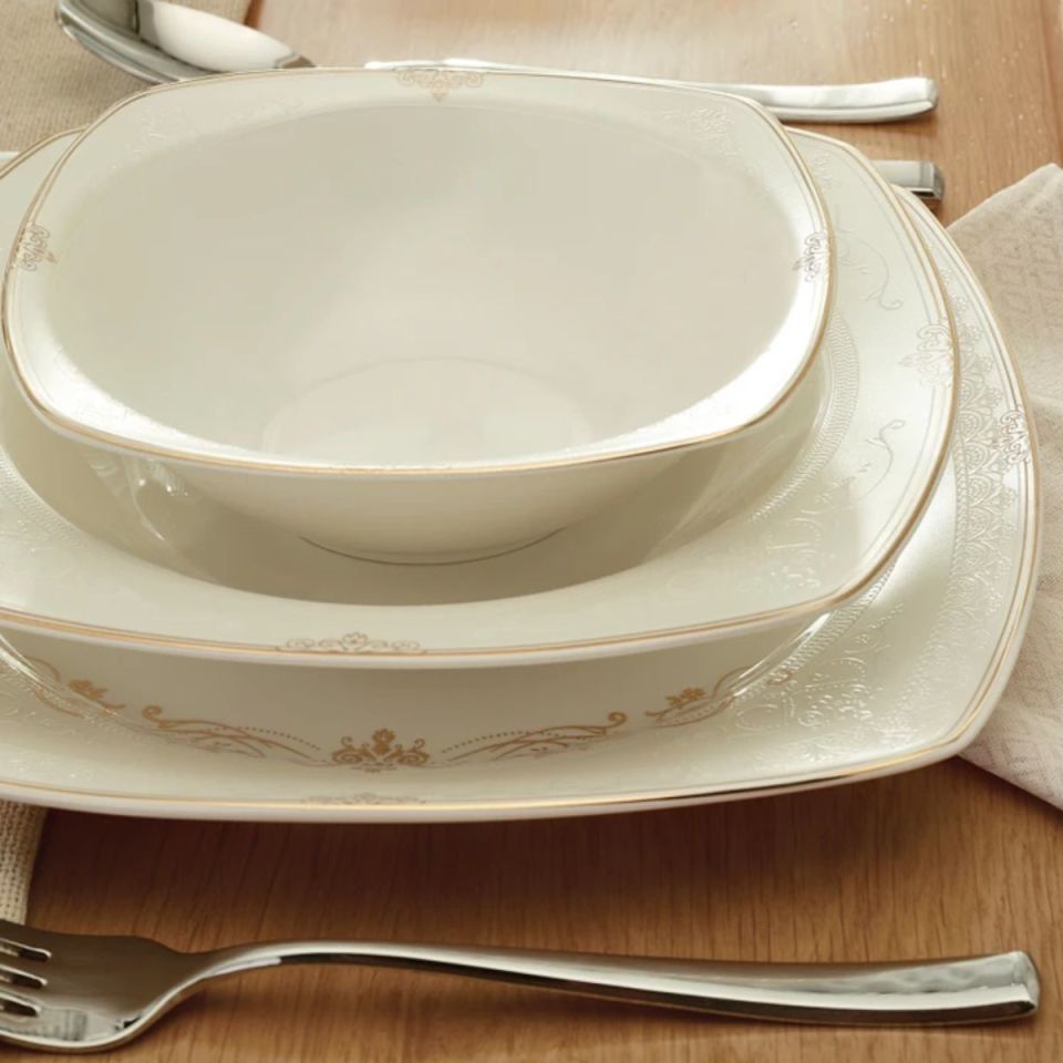 Emsan Bone Yeni Mimoza 12 Kişilik Yemek Takımı 60 Parça Yarım Kare