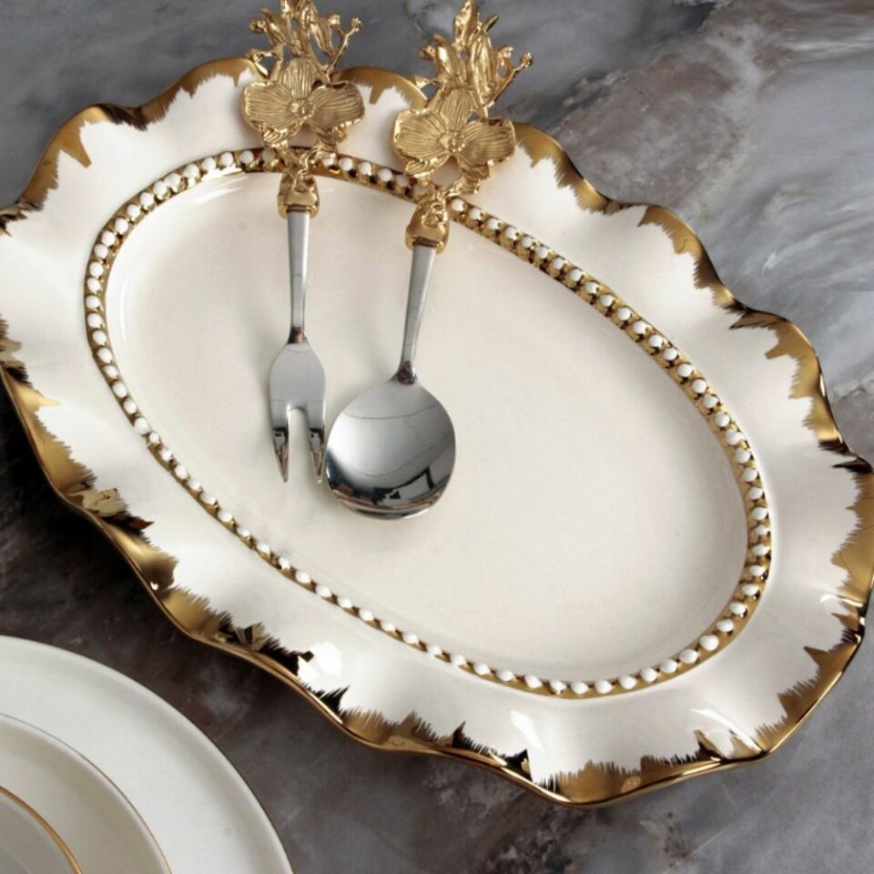 Rekabet Avangarde Oval Sunum Tabağı Krem Altın 39 Cm