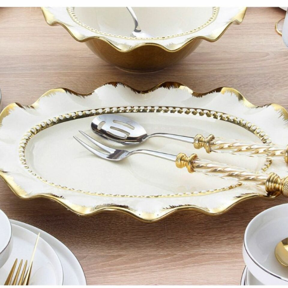 Rekabet Avangarde Oval Sunum Tabağı Krem Altın 39 Cm