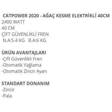 Catpower CAT 2020 Elektrikli Ağaç Kesme Testeresi 2400W 40 Cm