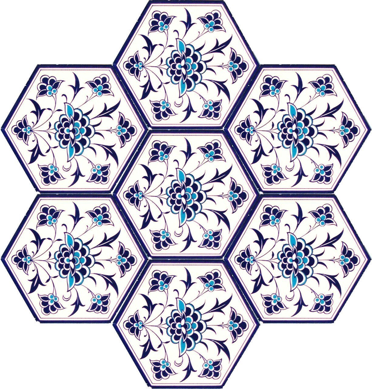 21×23 cm Iznik Rumi Patterned Hexagonal Ceramic Tile ,Ottoman Seljuk tiles,Bathroom Tiles, Kitchen Tile, 4x pcs Turquoise Ceramic Tile