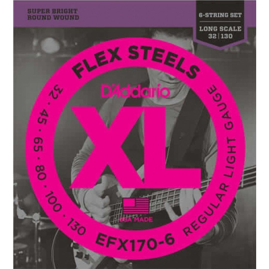 D'Addario EFX170-6 FlexSteels 6-String Bass, Light, 32-130, Long Scale Team String - 6 String Bass String 032-130
