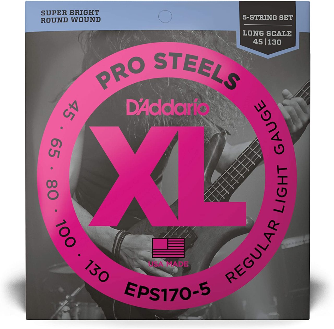 D'Addario EPS170-5 ProSteels 5-String Bass, Light, 45-130, Long Scale Team String - 5 String Bass String 045-130