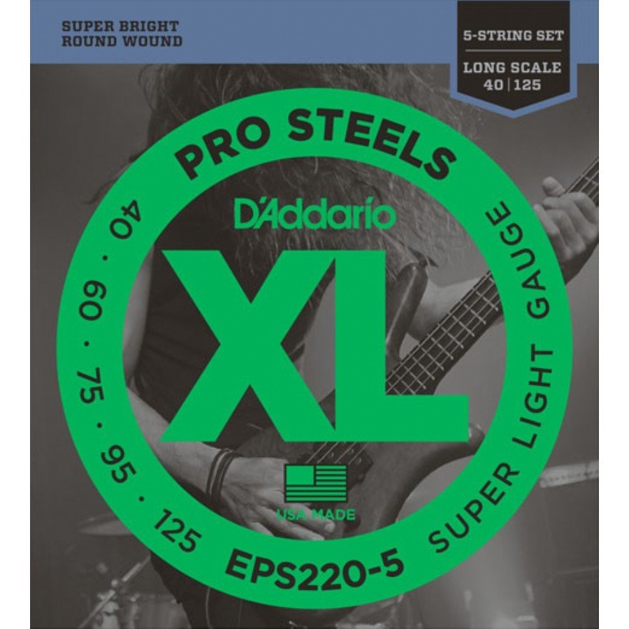 D'Addario EPS220-5 ProSteels 5-String Bass, Super Light, 40-125, Long Scale Team String - 5-String Bass String 040-125