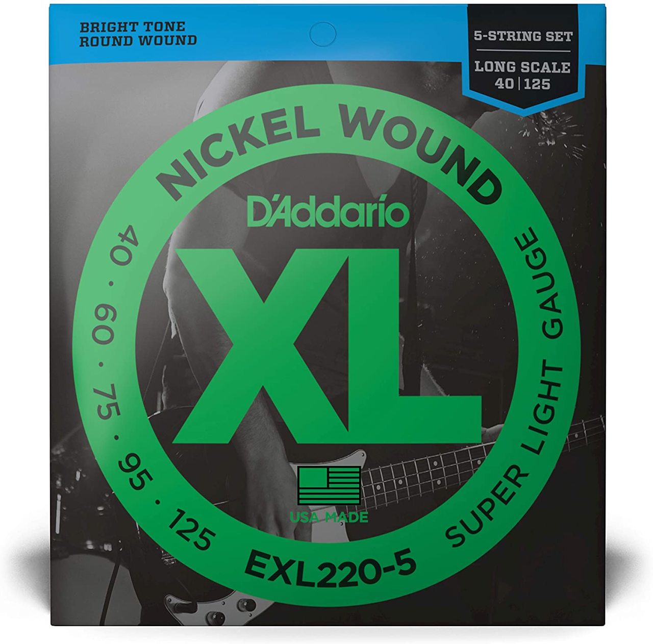 D'Addario EXL220-5 Nickel Wound 5-String Bass, Super Light, 40-125, Long Scale Takım Tel - 5 Telli Bas Gitar Teli 040-125