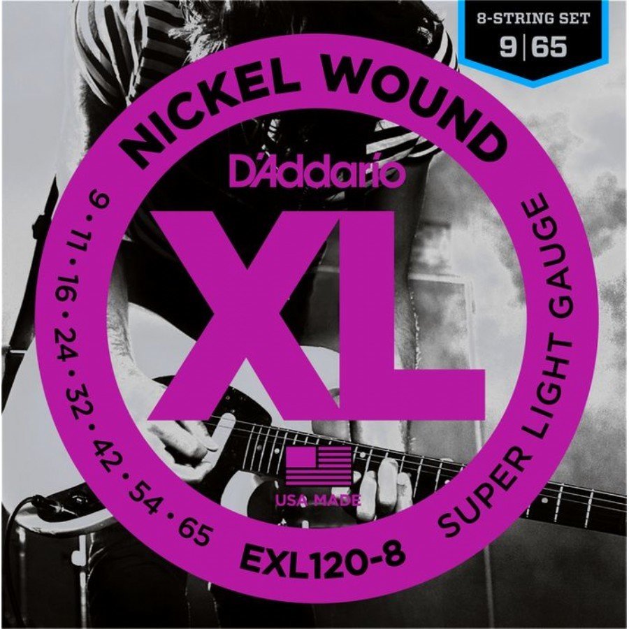 D'Addario EXL120-8 Nickel Wound, 8-String, Super Light, 9-65 Set String - 8 String Electric Guitar String