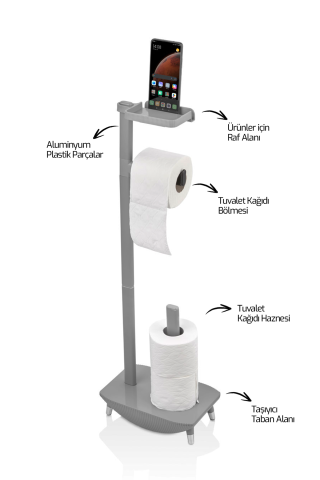 Ayaklı Banyo Tuvalet Kağıtlığı Rulo Rafı - Gri