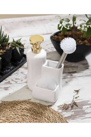Porselen Fırçalı Sıvı Sabun Ve Bulaşık Deterjan Mutfak Tezgah Seti - Beyaz